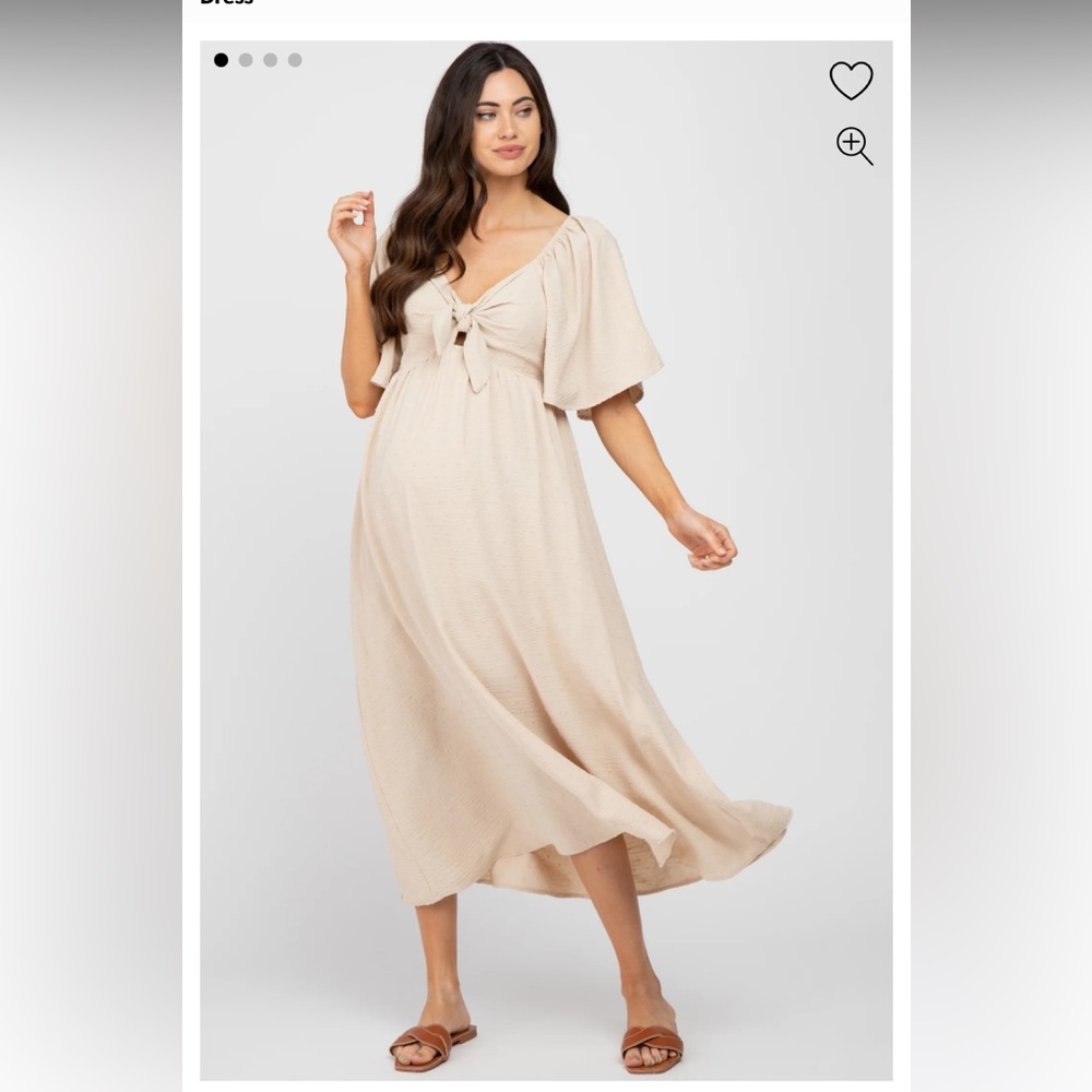 Pink Blush Beige Textured Dot Front Tie Ruffle Sleeve Maxi Maternity Dress